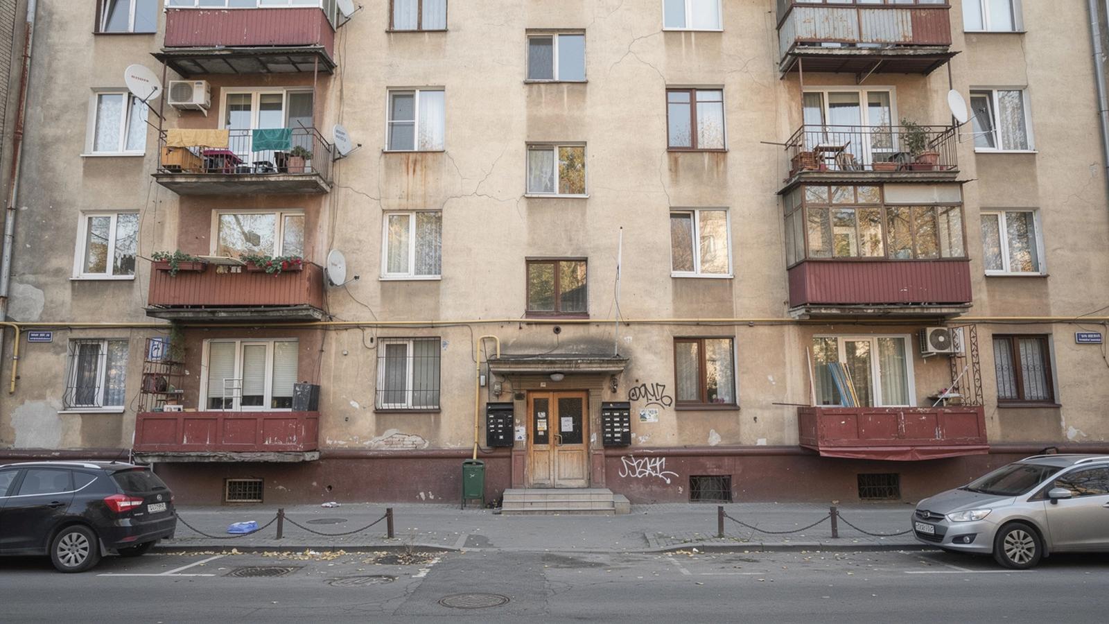Balcony rows on a central Kyiv apartment facade at dusk